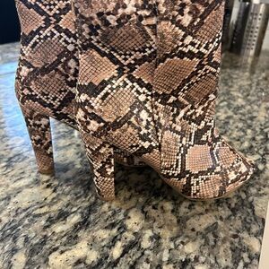 Fashion Nova Brown and Black Heeled Boots Snakeskin Pattern